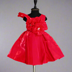 Stylish red birthday frock with floral embellishment, Jaipur kids wear