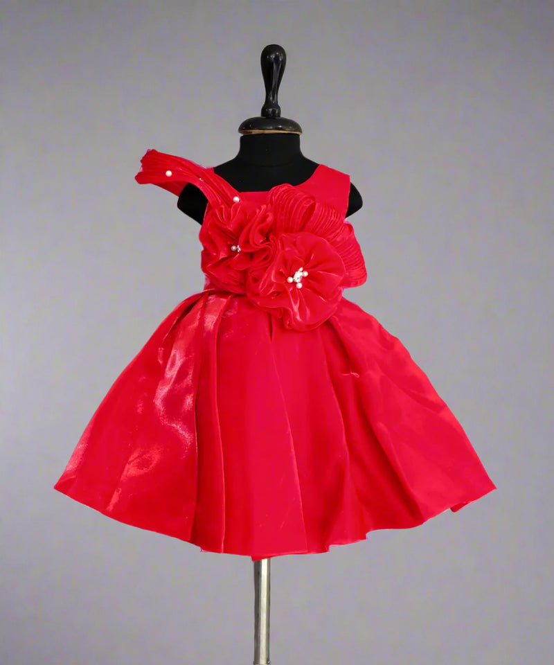 Stylish red birthday frock with floral embellishment, Jaipur kids wear
