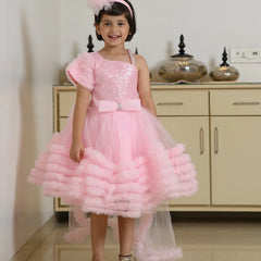 Pink designer birthday frock for girls from Jaipur kidswear showroom