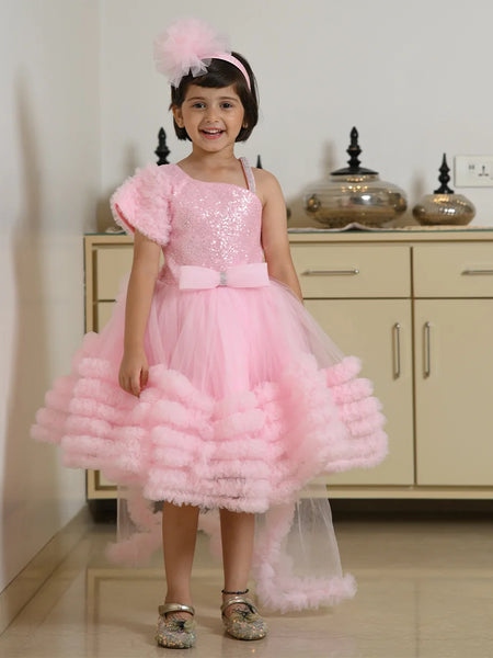 Pink designer birthday frock for girls from Jaipur kidswear showroom