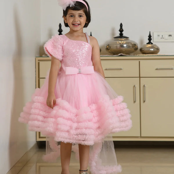 Pink designer birthday frock for girls from Jaipur kidswear showroom