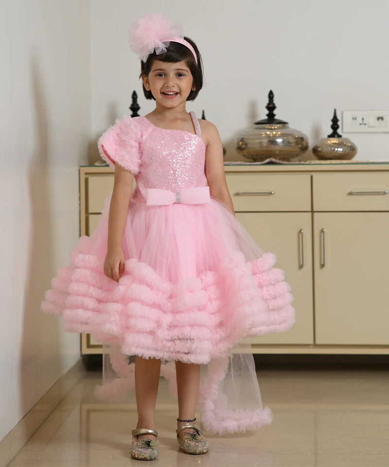 Pink designer birthday frock for girls from Jaipur kidswear showroom