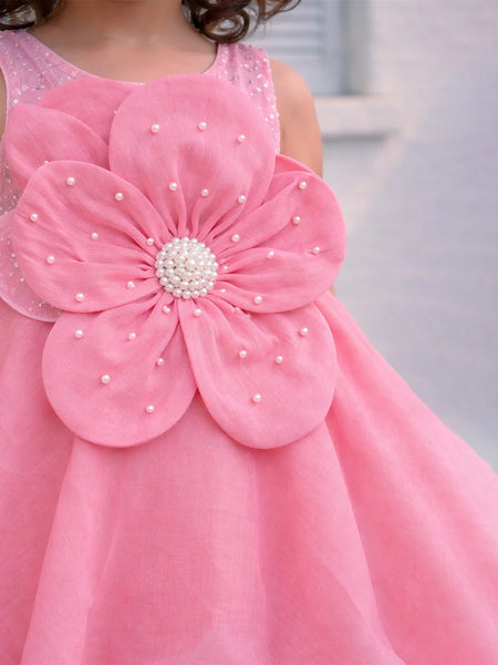 Pink dress with a large flower design on a blurred background