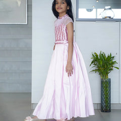 Designer birthday party gown for girls, feather neckline and sheer sleeves, Jaipur