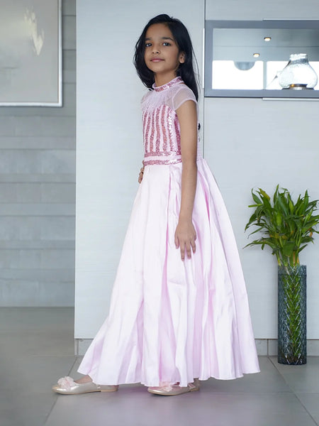 Designer birthday party gown for girls, feather neckline and sheer sleeves, Jaipur