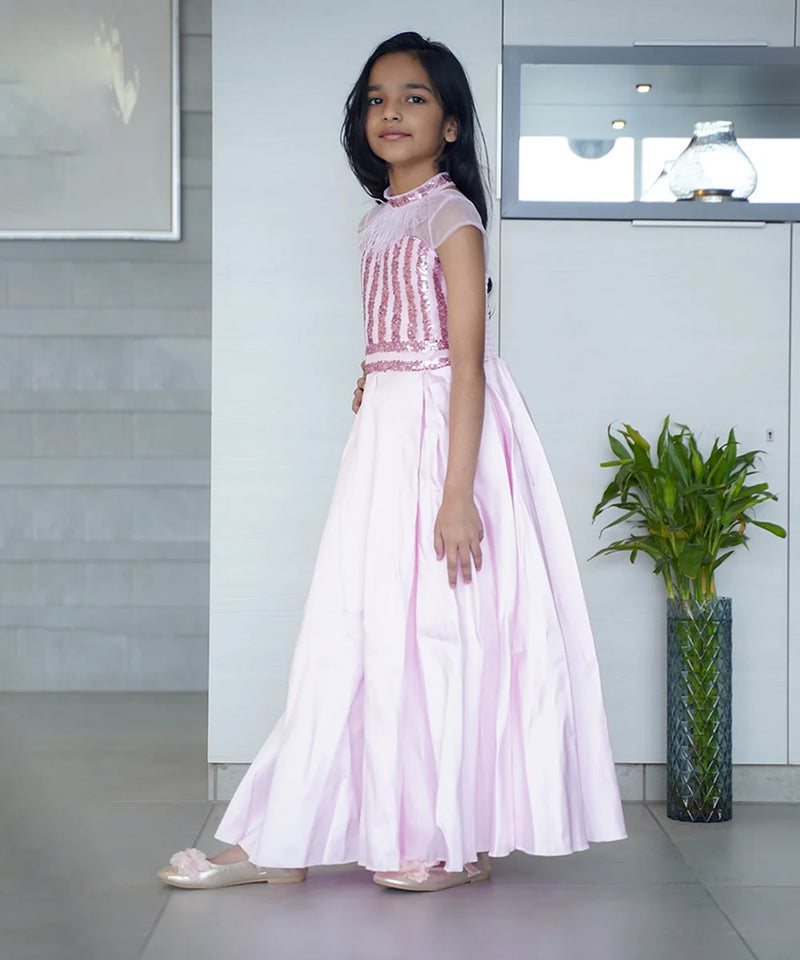 Designer birthday party gown for girls, feather neckline and sheer sleeves, Jaipur