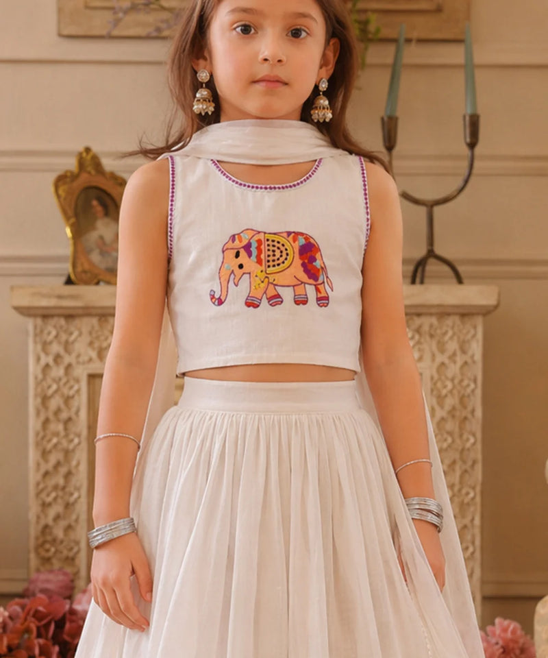 White Elephant Embroidered Girls Lehenga Choli | Kids Lehenga Jaipur
