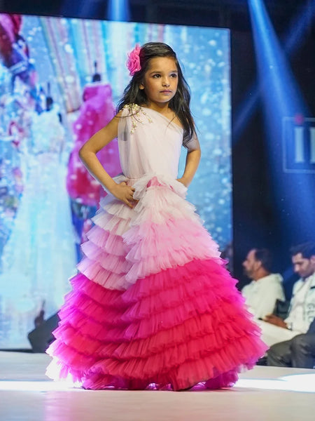 Birthday party gown for baby girl, pink ombré ruffle, Jaipur kidswear