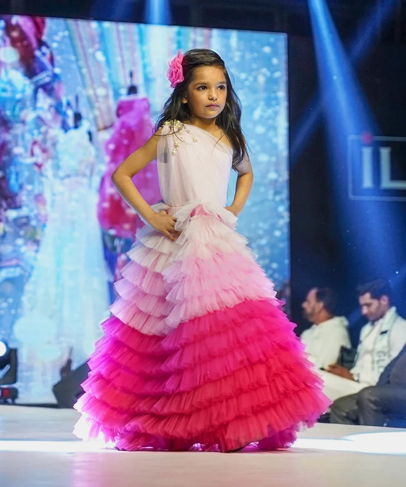 Birthday party gown for baby girl, pink ombré ruffle, Jaipur kidswear