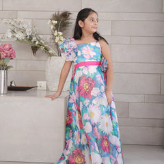 Birthday party gown for girls, floral print and pink sash, Jaipur