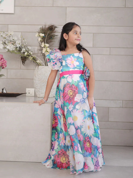 Birthday party gown for girls, floral print and pink sash, Jaipur