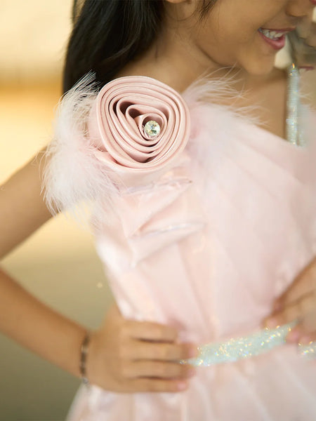 Birthday party gown for girls in Jaipur, shimmering waistband and flared skirt