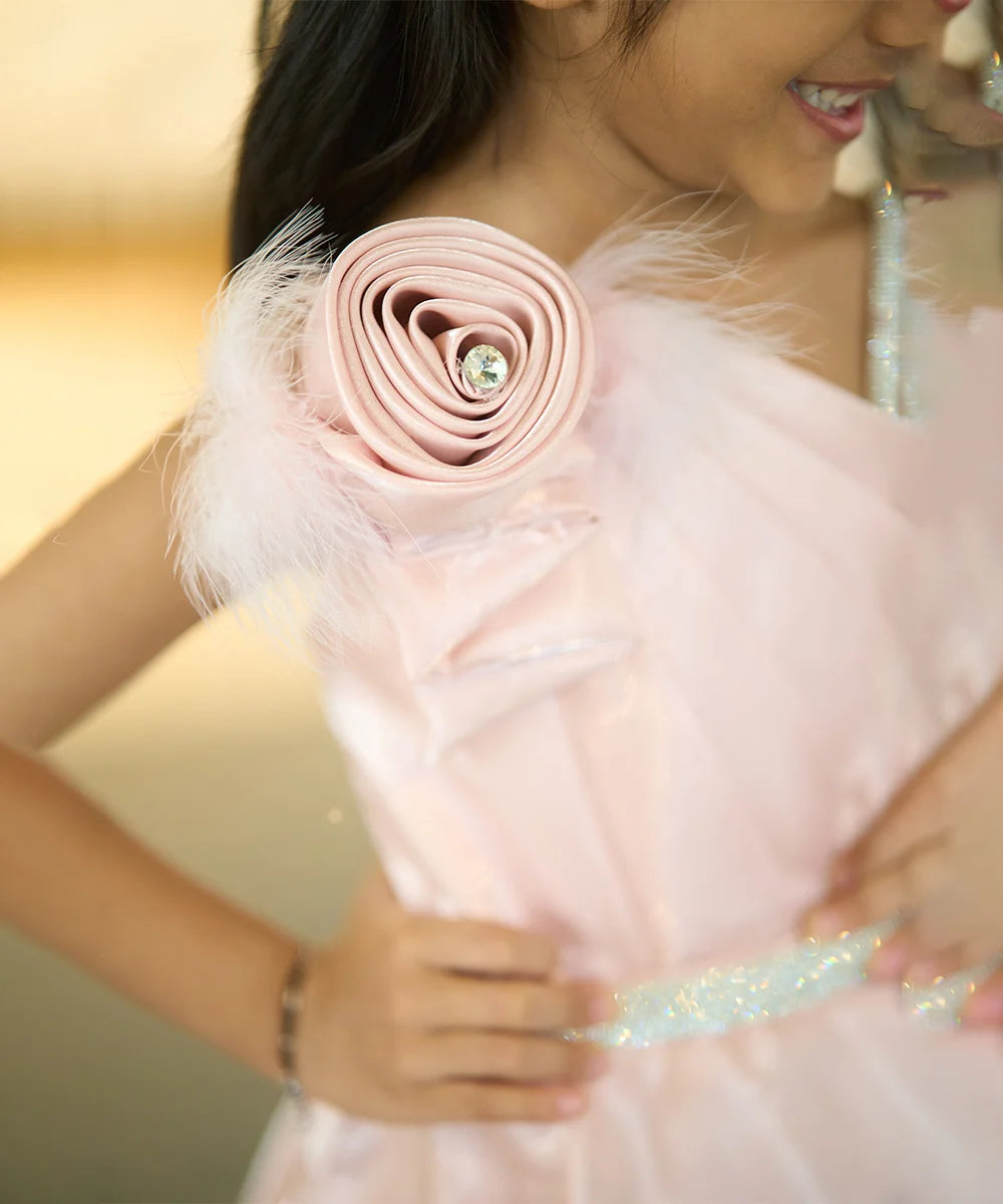 Birthday party gown for girls in Jaipur, shimmering waistband and flared skirt