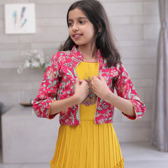 Birthday party gown for girls, mustard pleated design, Jaipur kidswear