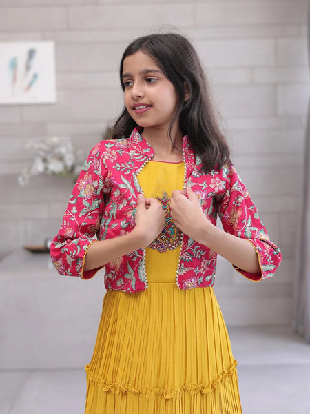 Birthday party gown for girls, mustard pleated design, Jaipur kidswear
