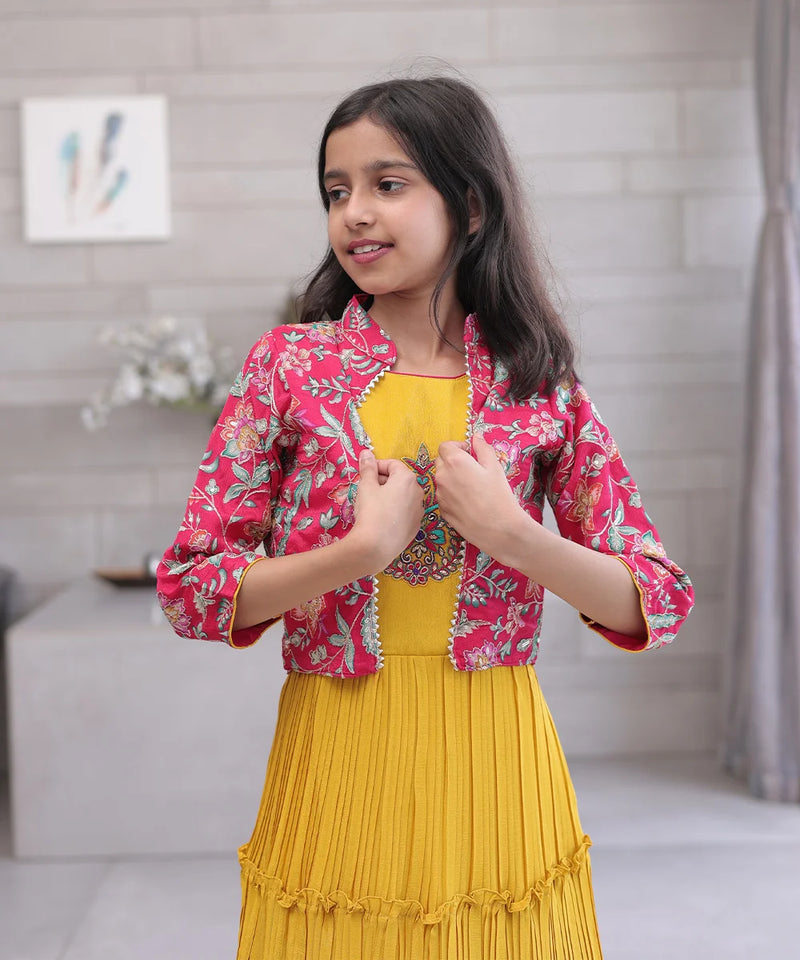 Birthday party gown for girls, mustard pleated design, Jaipur kidswear