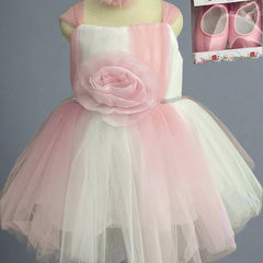pink & white frock with hair accessory & bellies for baby girls 