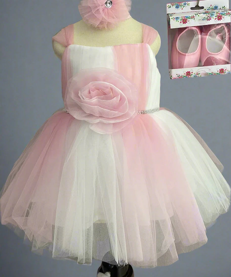 pink & white frock with hair accessory & bellies for baby girls 