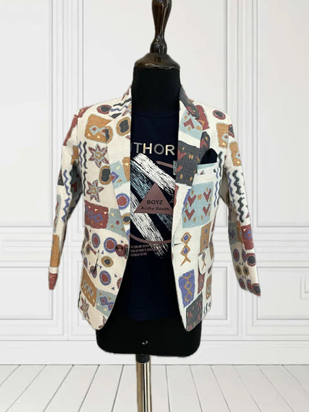 This smart outfit consists of a self-printed Blazer, a matching self-printed black Colored t-shirt and a pocket square.