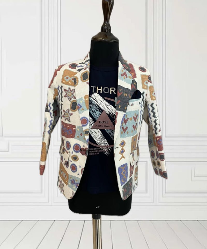  This smart outfit consists of a self-printed Blazer, a matching self-printed black Colored t-shirt and a pocket square.