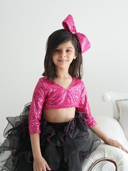 black & pink skirt top set with hair accessories for girls 