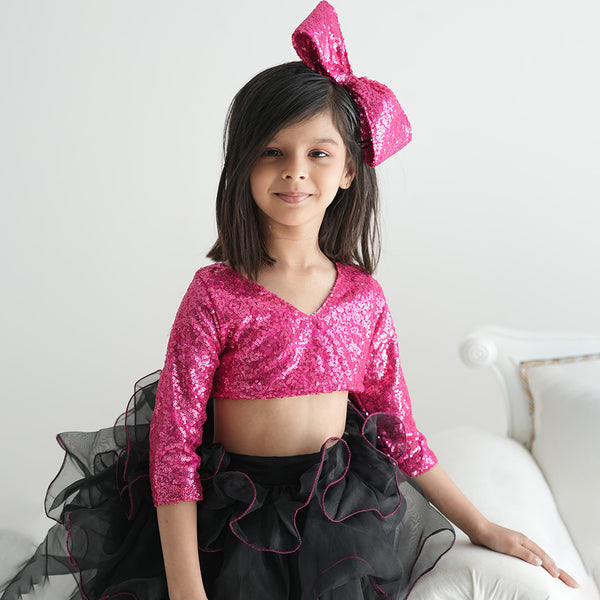 black & pink skirt top set with hair accessories for girls 