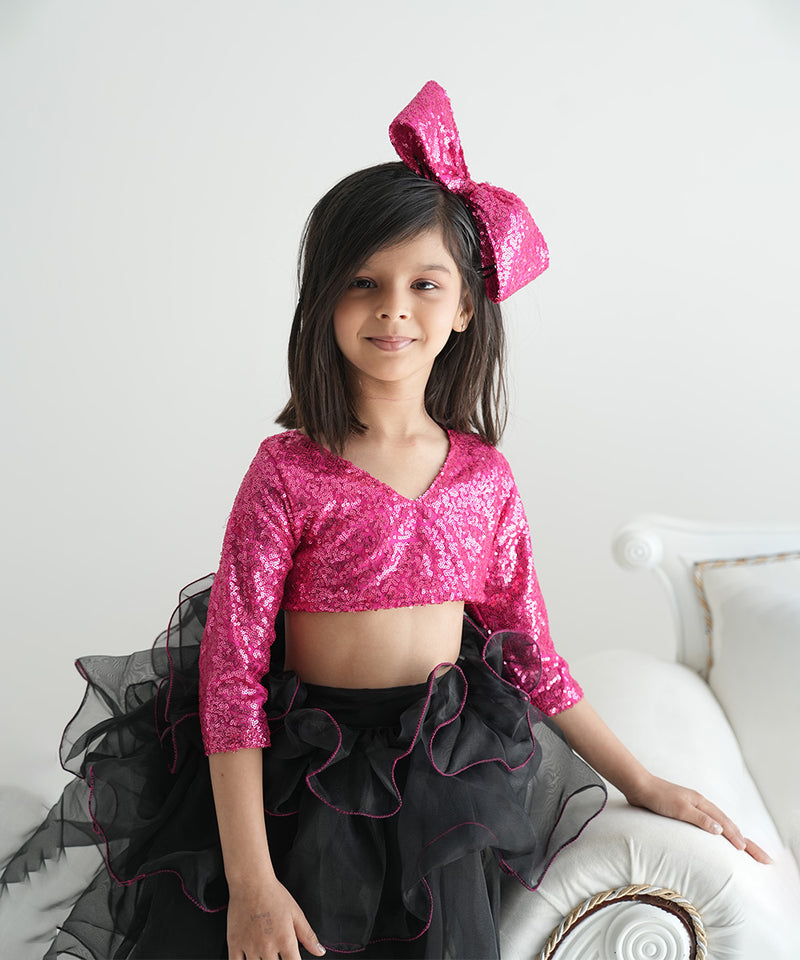 black & pink skirt top set with hair accessories for girls 