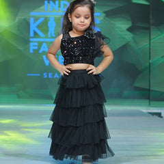 Black sequin one-shoulder lehenga for kids, layered ruffle skirt, perfect for weddings in Jaipur