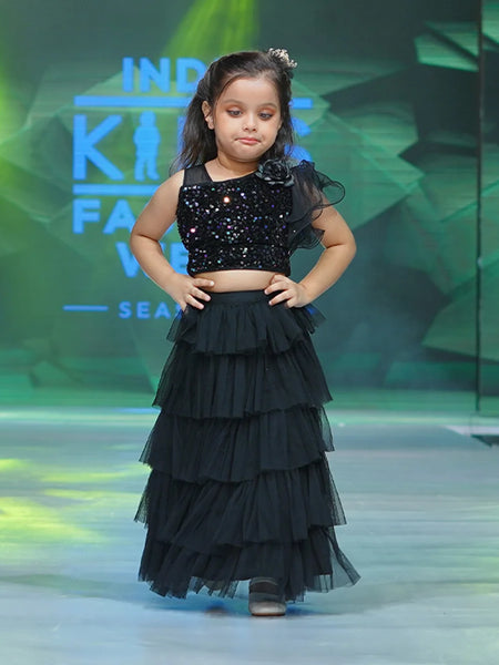 Black sequin one-shoulder lehenga for kids, layered ruffle skirt, perfect for weddings in Jaipur
