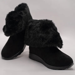 Black faux fur winter boots for girls with gold zipper and pom pom details, Jaipur, ages 1–8 years