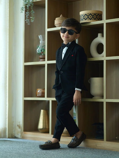 Black tuxedo coat suit for boys, self-striped fabric, Jaipur kidswear