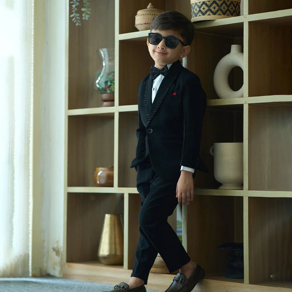 Black tuxedo coat suit for boys, self-striped fabric, Jaipur kidswear