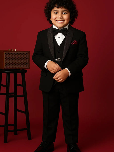 Child in a formal black suit standing against a red background