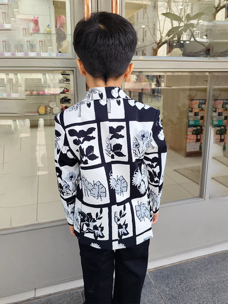 Black and White Colored Self-Printed Blazer Set for Boys