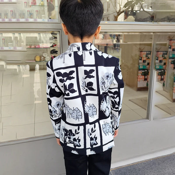 Black and White Colored Self-Printed Blazer Set for Boys