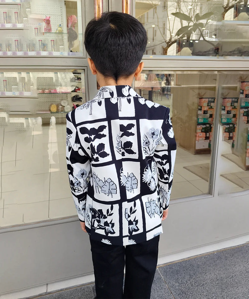 Black and White Colored Self-Printed Blazer Set for Boys