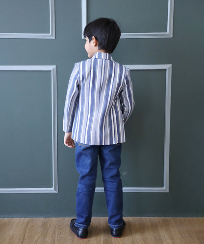 Blue and White Coloured Self-Striped Blazer Set for Boys