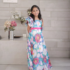 Blue floral party wear gown for girls, Jaipur kidswear market