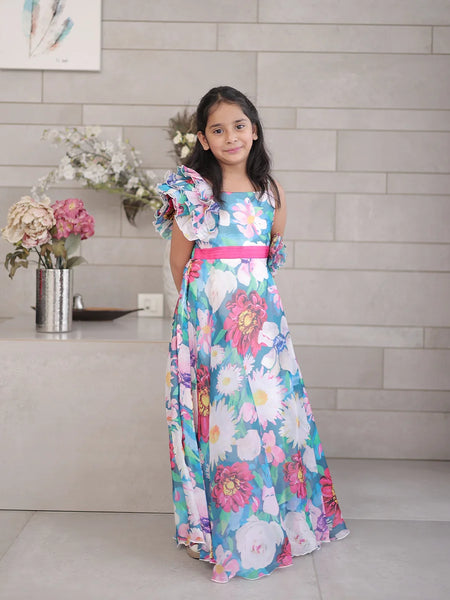 Blue floral party wear gown for girls, Jaipur kidswear market