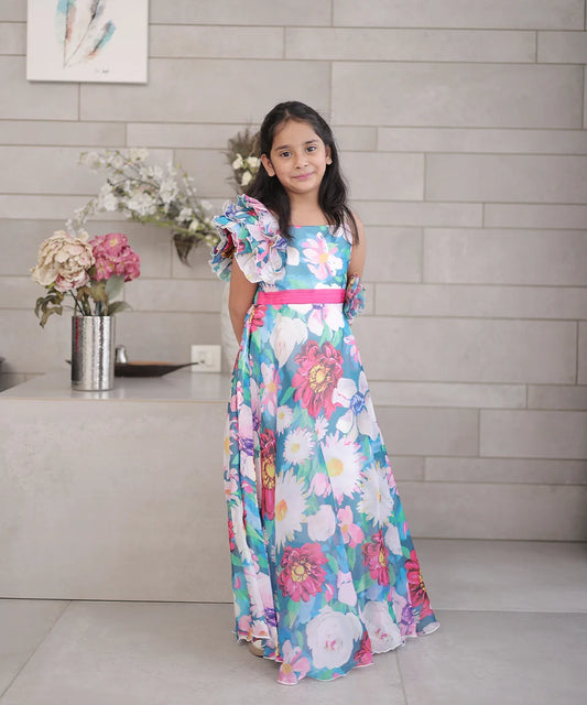 Blue floral party wear gown for girls, Jaipur kidswear market