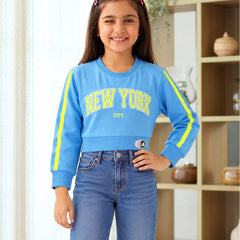 Girls' blue New York printed party crop top, Devils N Angels Jaipur, view 4