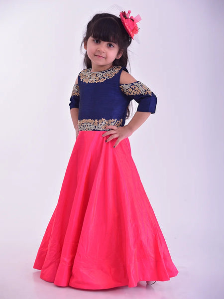 wedding & party wear navy blue & pink long gown for girls 
