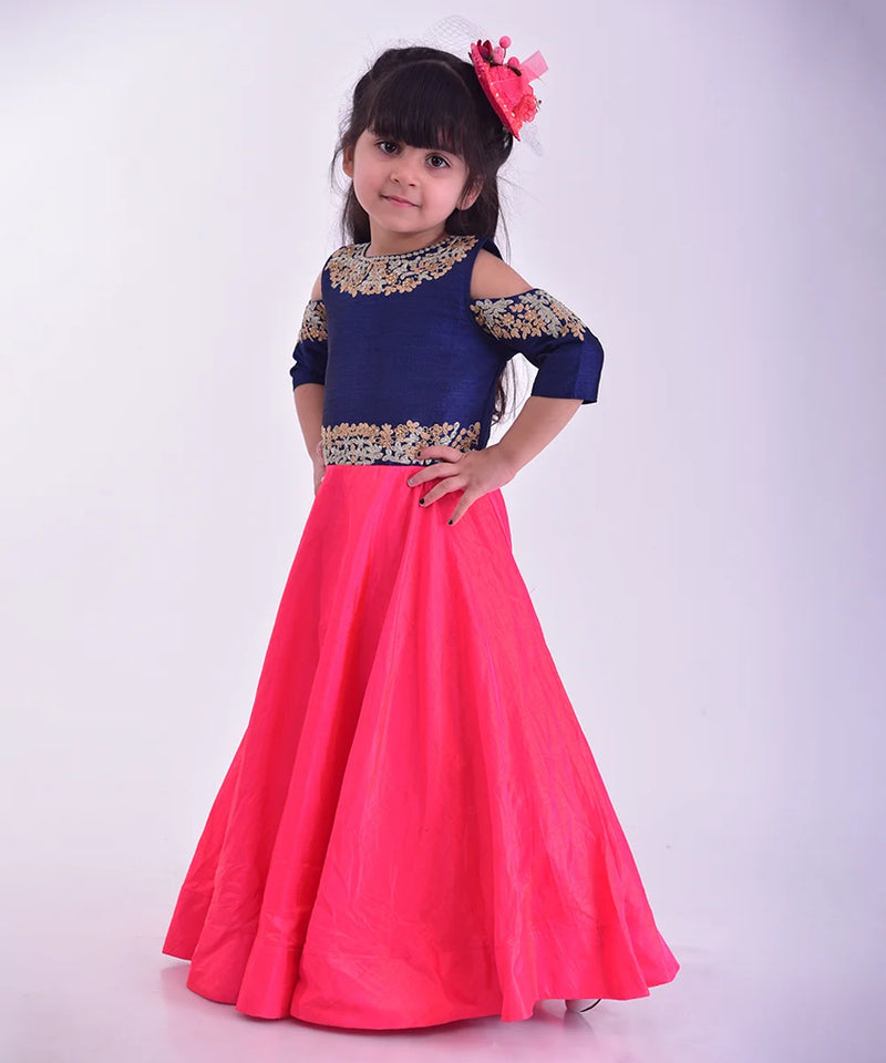 wedding & party wear navy blue & pink long gown for girls 