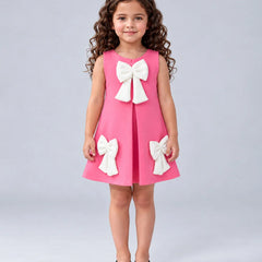 A young girl with long curly brown hair stands against a light gray studio background wearing a sleeveless bright pink dress with two large white bow details on the front and skirt, paired with black flats.
