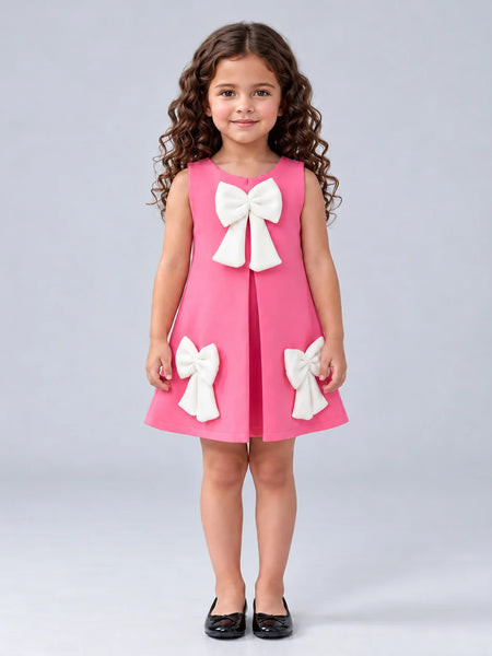 A young girl with long curly brown hair stands against a light gray studio background wearing a sleeveless bright pink dress with two large white bow details on the front and skirt, paired with black flats.