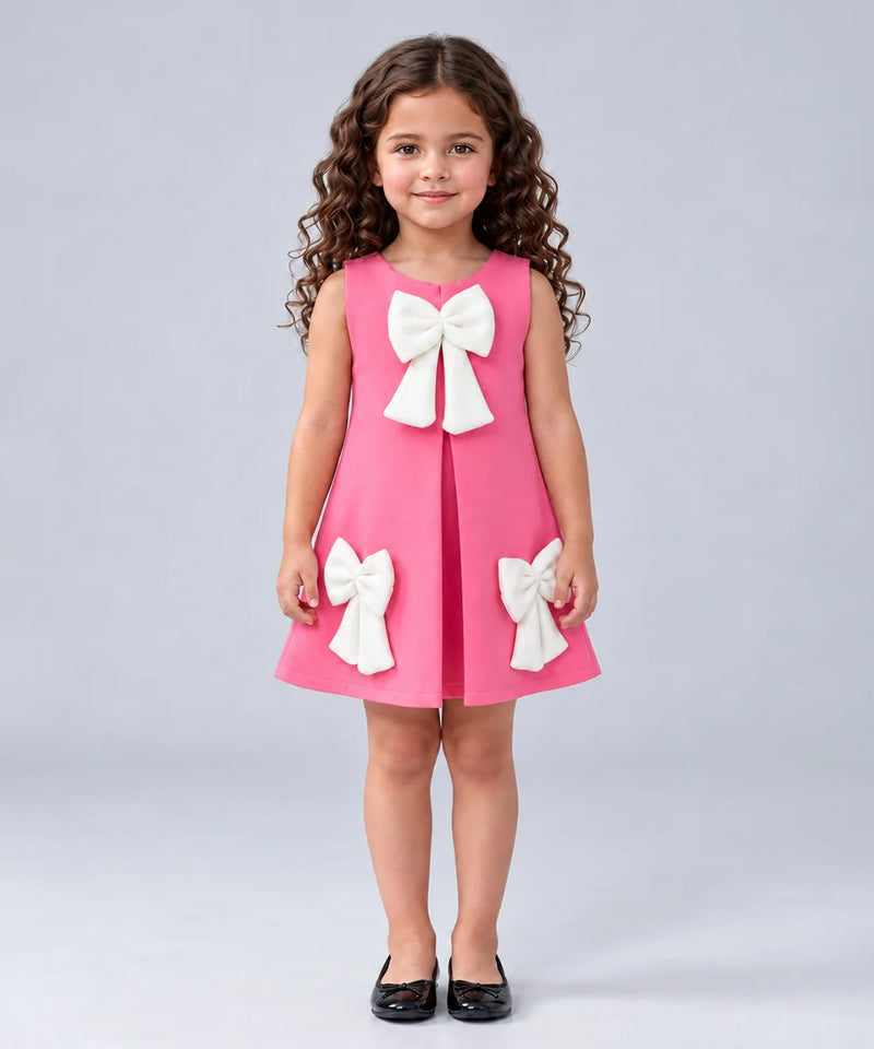 A young girl with long curly brown hair stands against a light gray studio background wearing a sleeveless bright pink dress with two large white bow details on the front and skirt, paired with black flats.