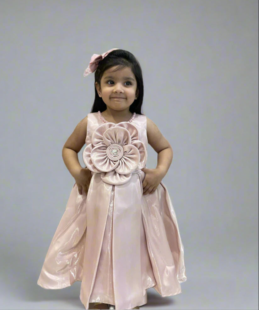 Shiny peach birthday frock for girls with oversized flower, top-rated kidswear shop Jaipur.
