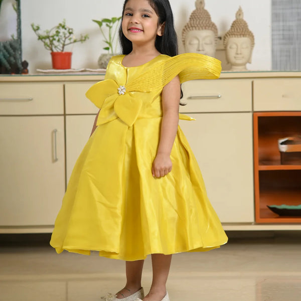 Designer neon yellow party frock for girls with floral detail, best children’s wear shop Jaipur