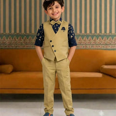 Light Green Color Waist Coat Set With Navy Printed Shirt for Boys | Jaipur