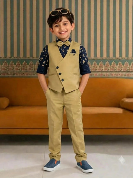 Light Green Color Waist Coat Set With Navy Printed Shirt for Boys | Jaipur